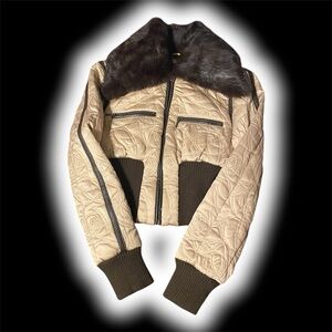 Bebe cream and brown cropped puffer jacket with faux fur collar